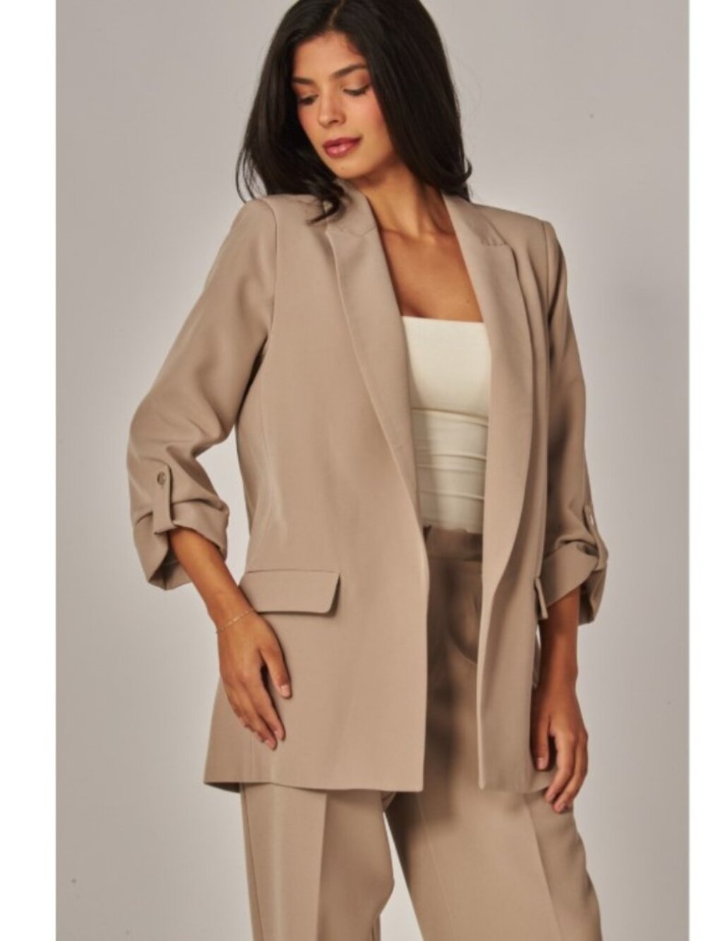 Taupe Oversized Tailored Blazer With Rolled Up Sleeve